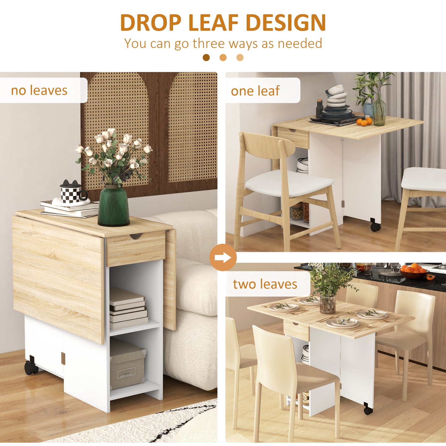 HOMCOM Foldable Dining Table, Drop Leaf Table with Storage for Kitchen, Oak