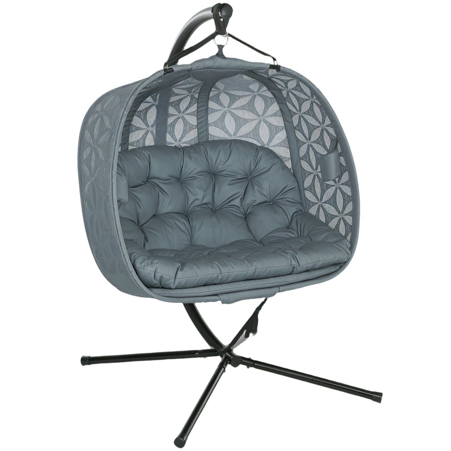 Outsunny Double Hanging Swing Chair w/ Stand & Cup Holders, Charcoal Grey