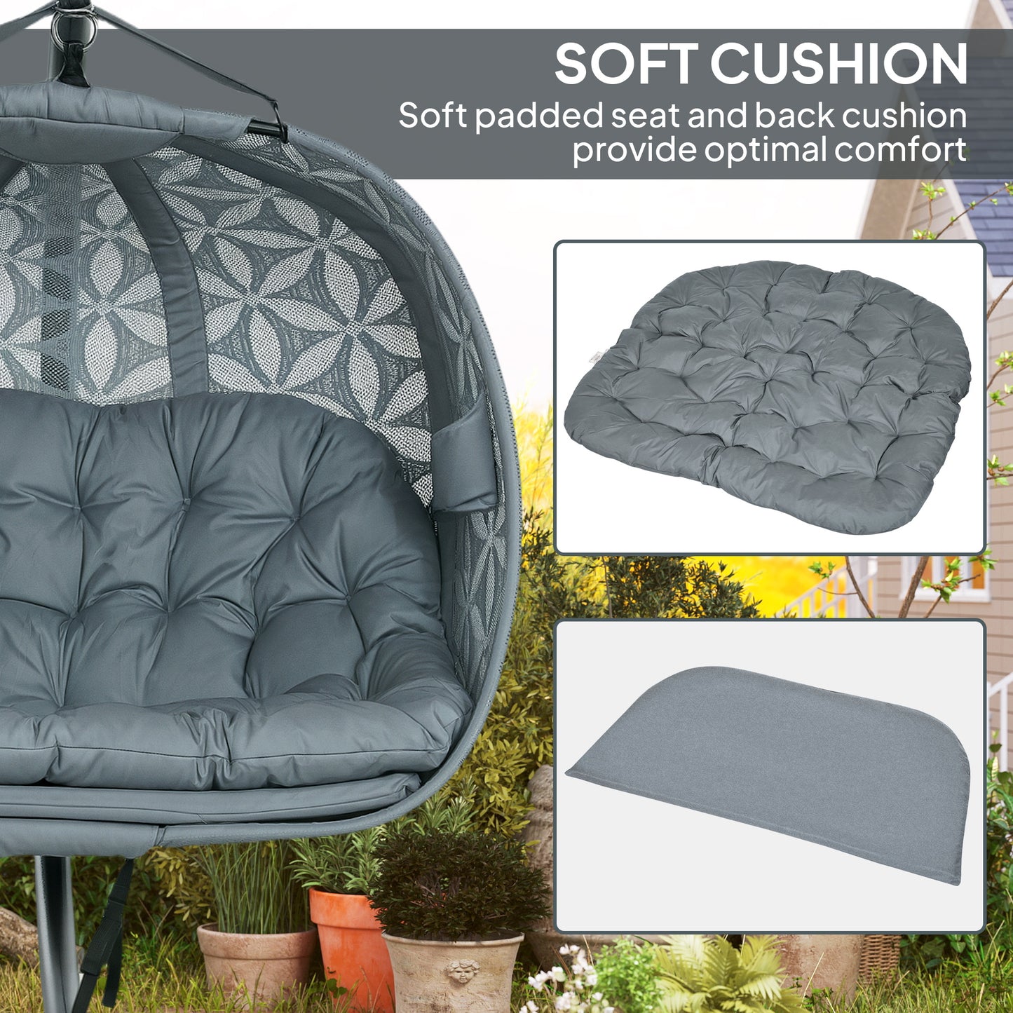 Outsunny Double Hanging Swing Chair w/ Stand & Cup Holders, Charcoal Grey