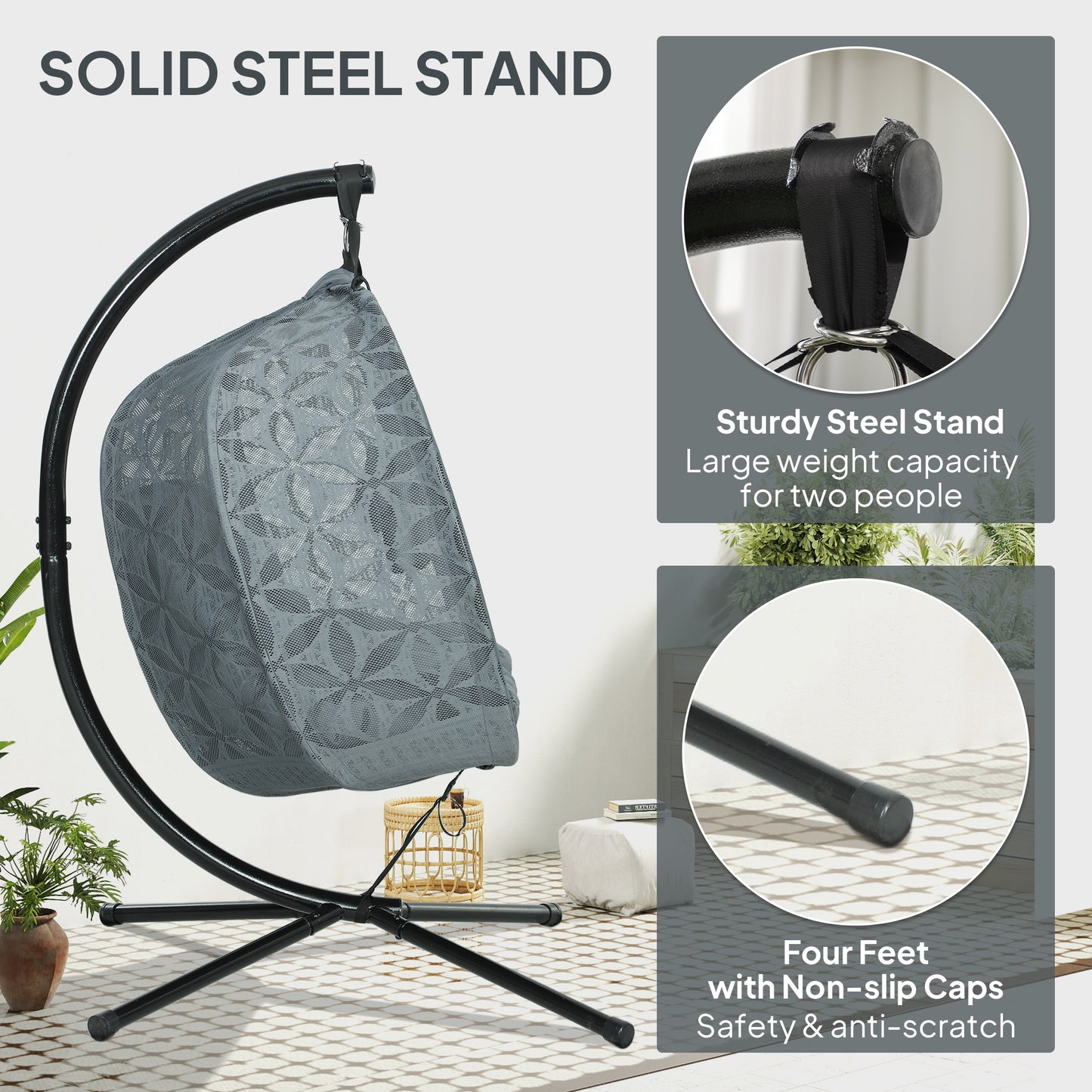 Outsunny Double Hanging Swing Chair w/ Stand & Cup Holders, Charcoal Grey