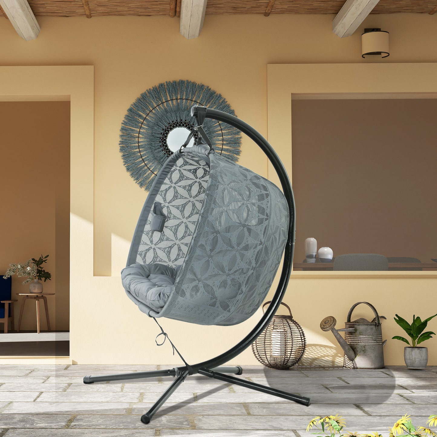 Outsunny Double Hanging Swing Chair w/ Stand & Cup Holders, Charcoal Grey