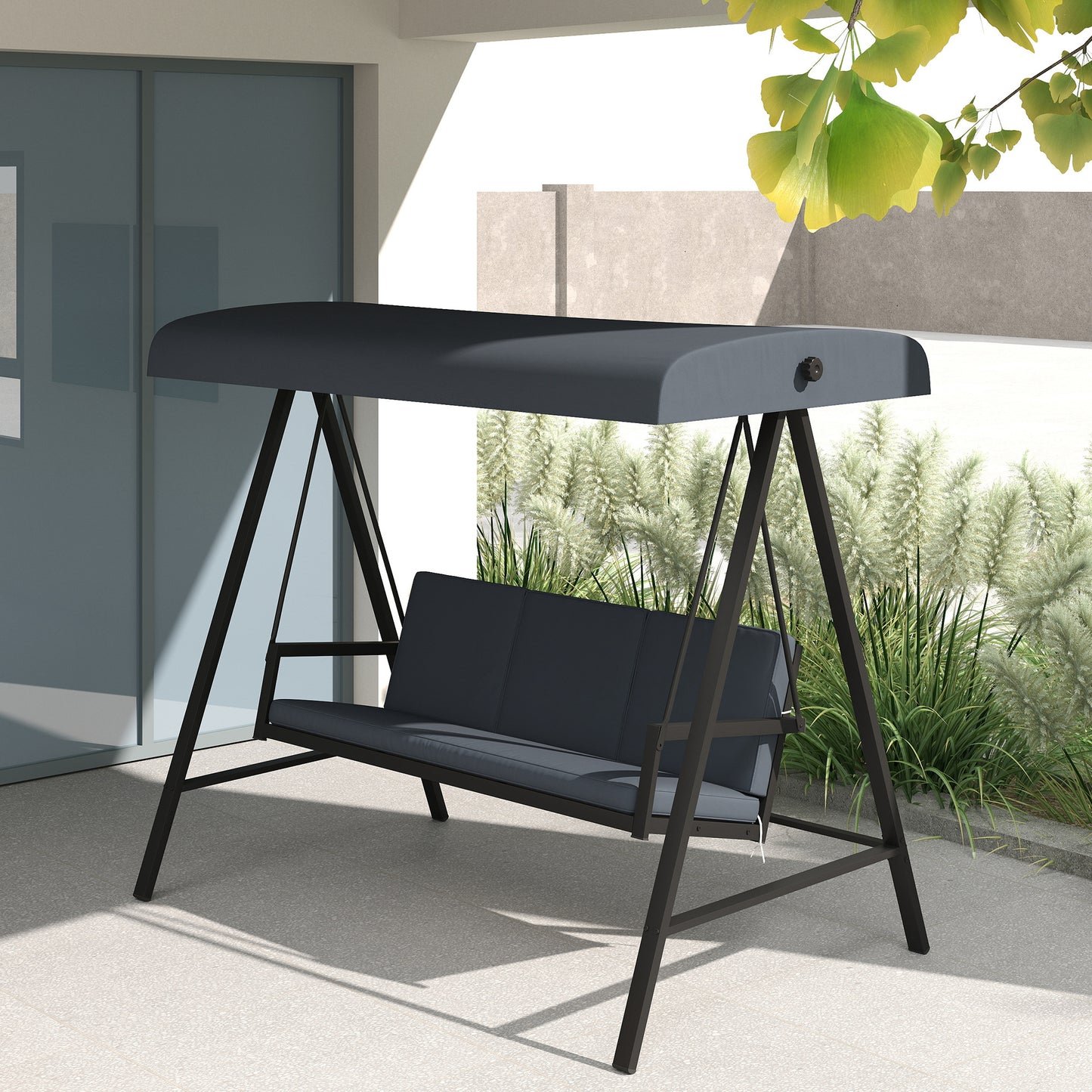 Outsunny 3 Seater Garden Swing Chair with Adjustable Canopy, Dark Grey