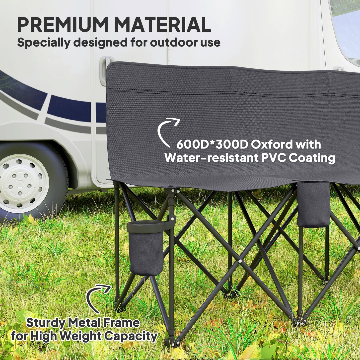 Outsunny 6 Seater Folding Bench Camping Chair with Cup Holder, Charcoal Grey