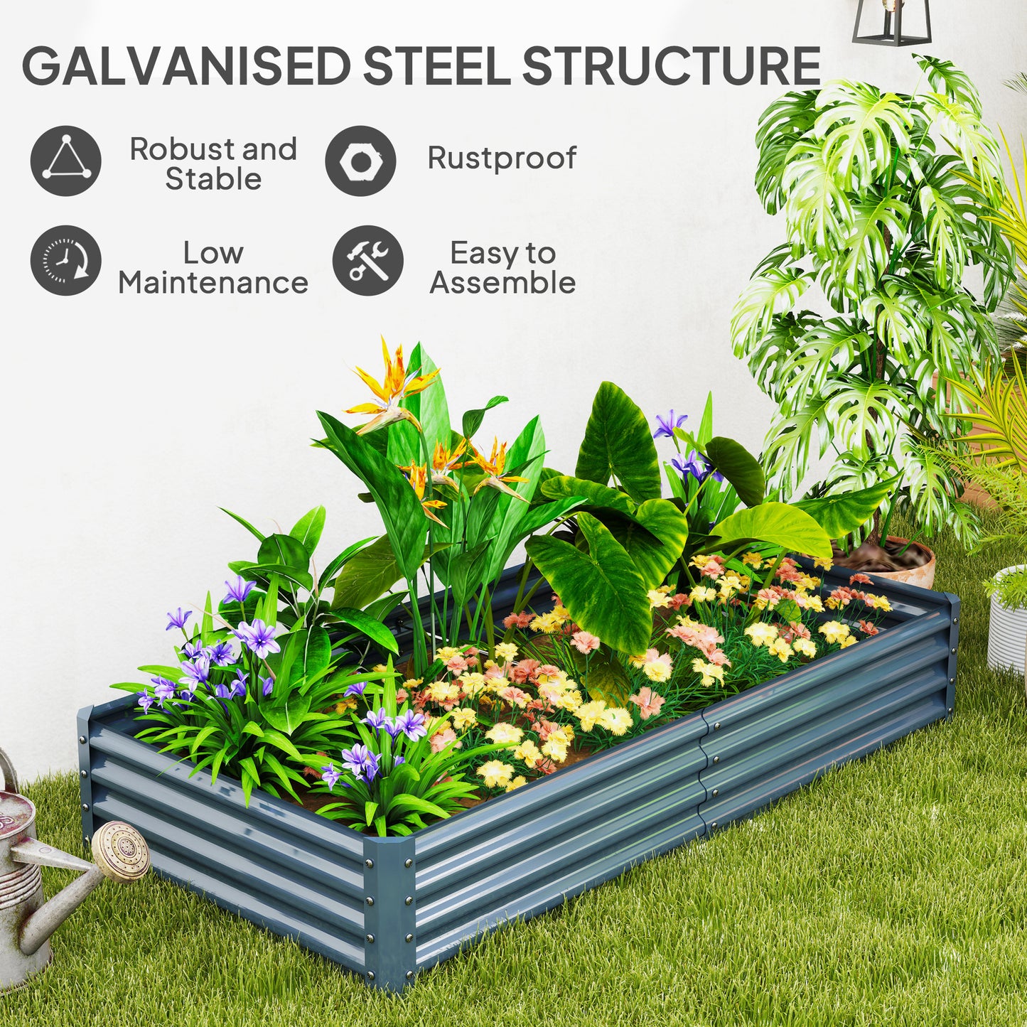 Outsunny Galvanised Raised Garden Bed, 180x90x30cm Raised Bed, Silver