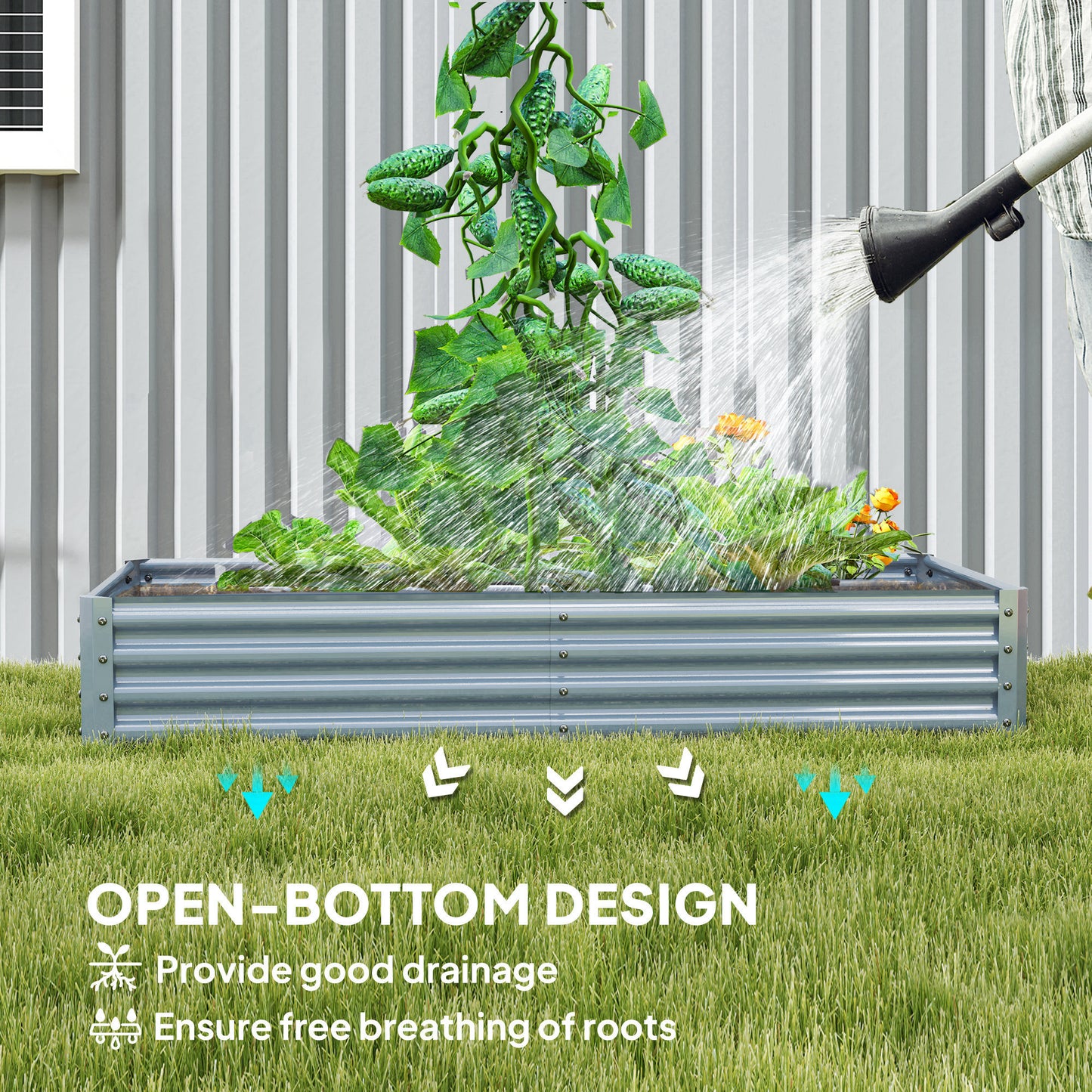 Outsunny Galvanised Raised Garden Bed, 180x90x30cm Raised Bed, Silver