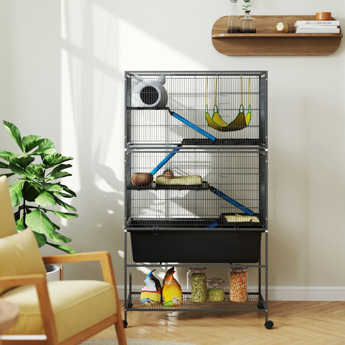 PawHut 5 Levels Rolling Small Animal Cage with Non Slip Cloth Covered Ramps