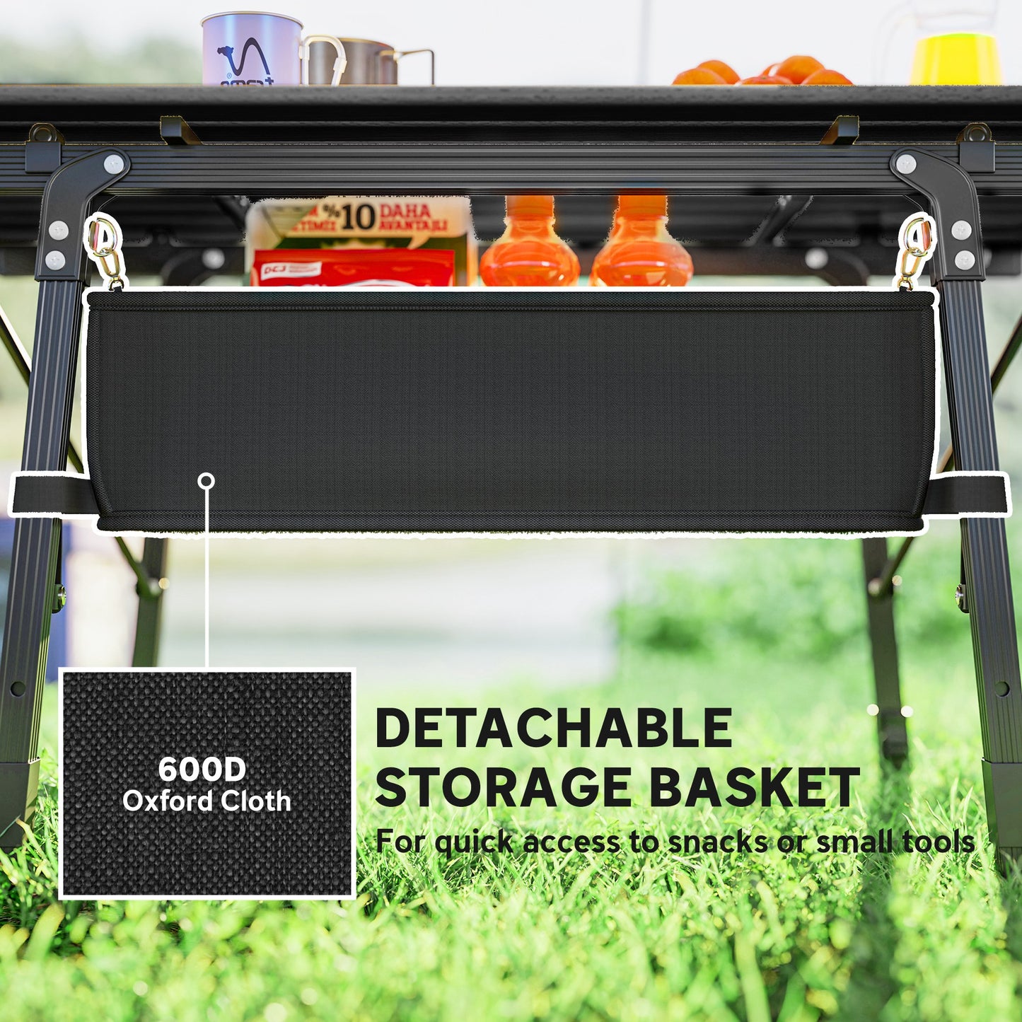Outsunny Folding Camping Table w/ Adjustable Height, Storage Basket, Black