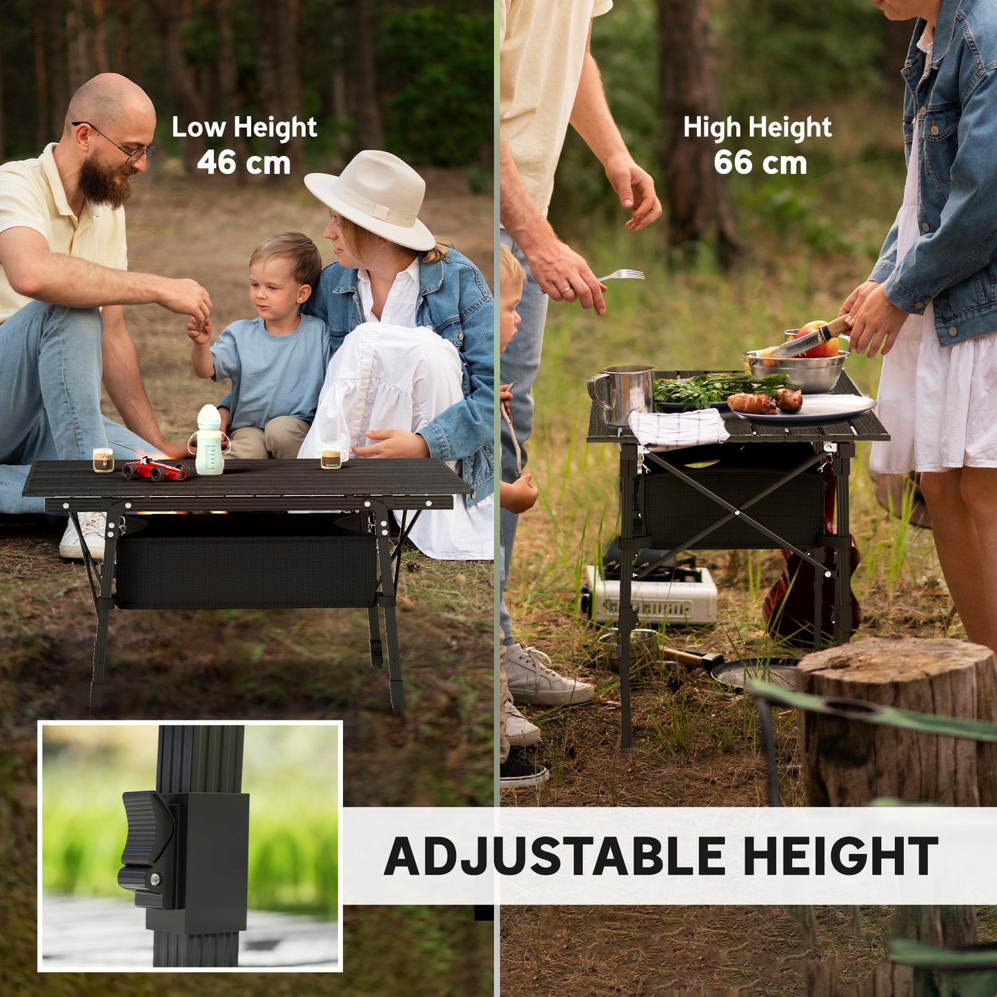 Outsunny Folding Camping Table w/ Adjustable Height, Storage Basket, Black
