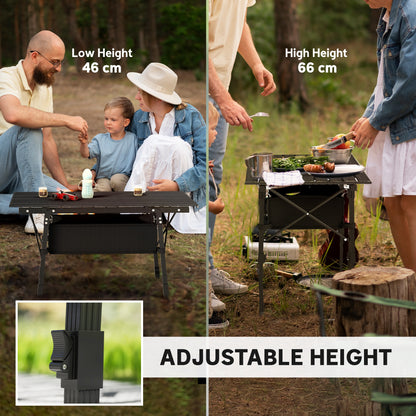 Outsunny Folding Camping Table w/ Adjustable Height, Storage Basket, Black