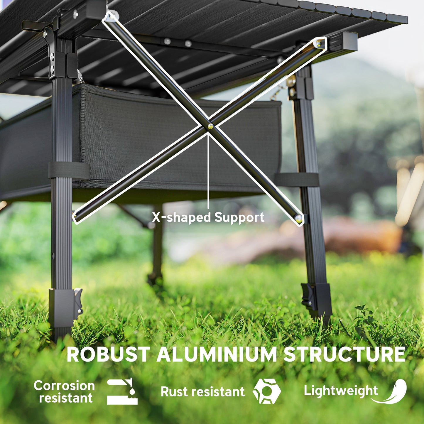 Outsunny Folding Camping Table w/ Adjustable Height, Storage Basket, Black