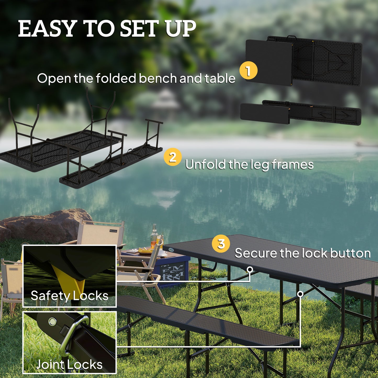 Outsunny Rattan Effect Folding Picnic Table and Bench Set w/ Handles, Black