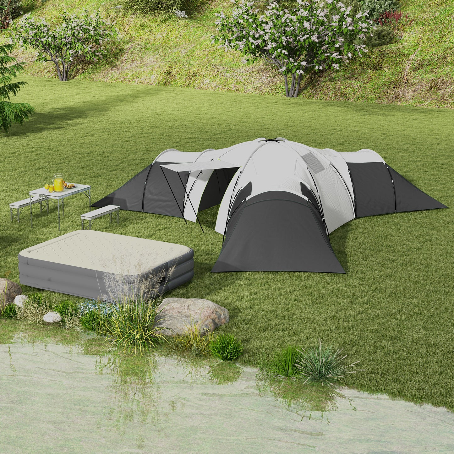 Outsunny Large Tunnel Tent with 3 Bedroom, Living Area and Porch, Grey