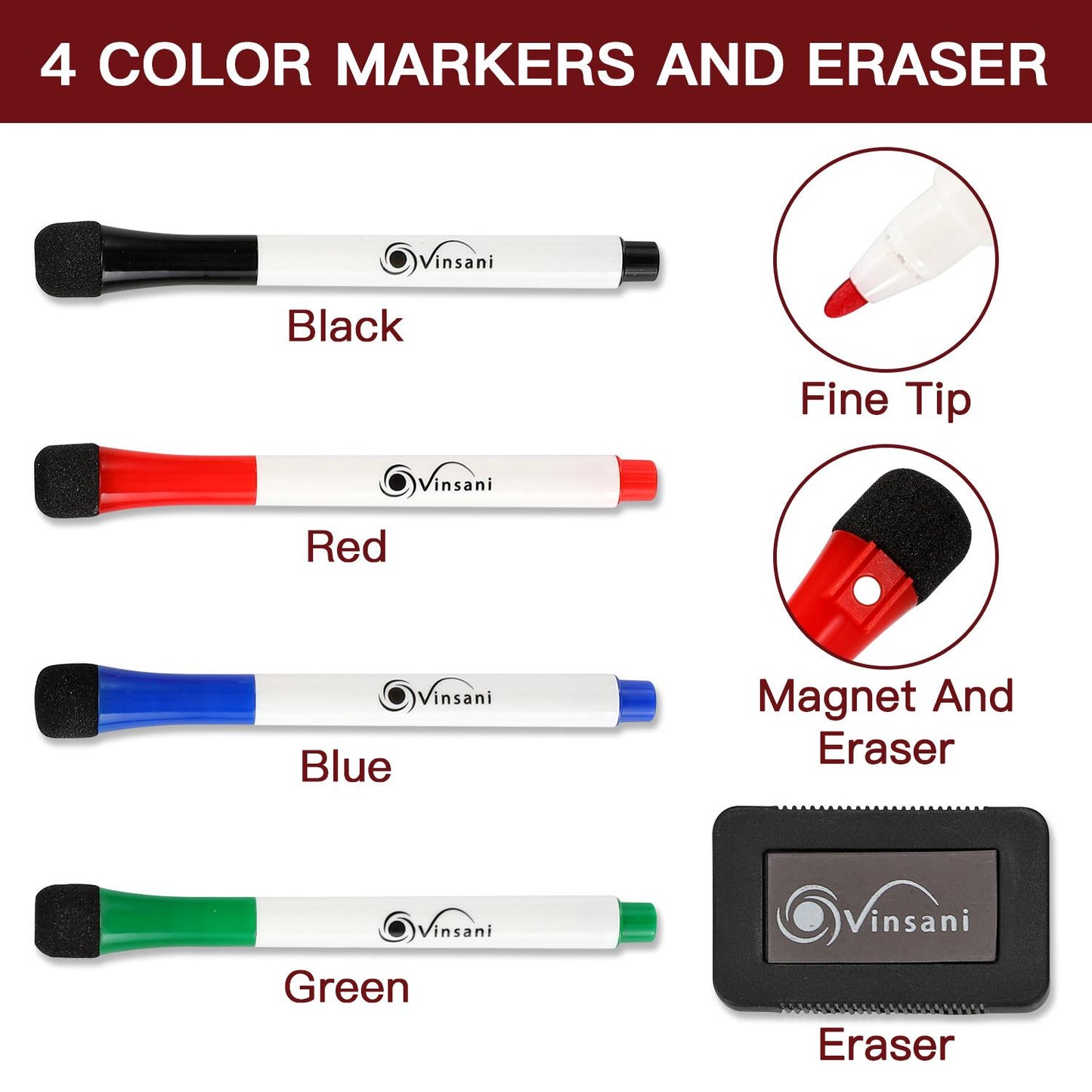 Vinsani 450x600 Whiteboard w/ 4 Markers and Eraser 0000143