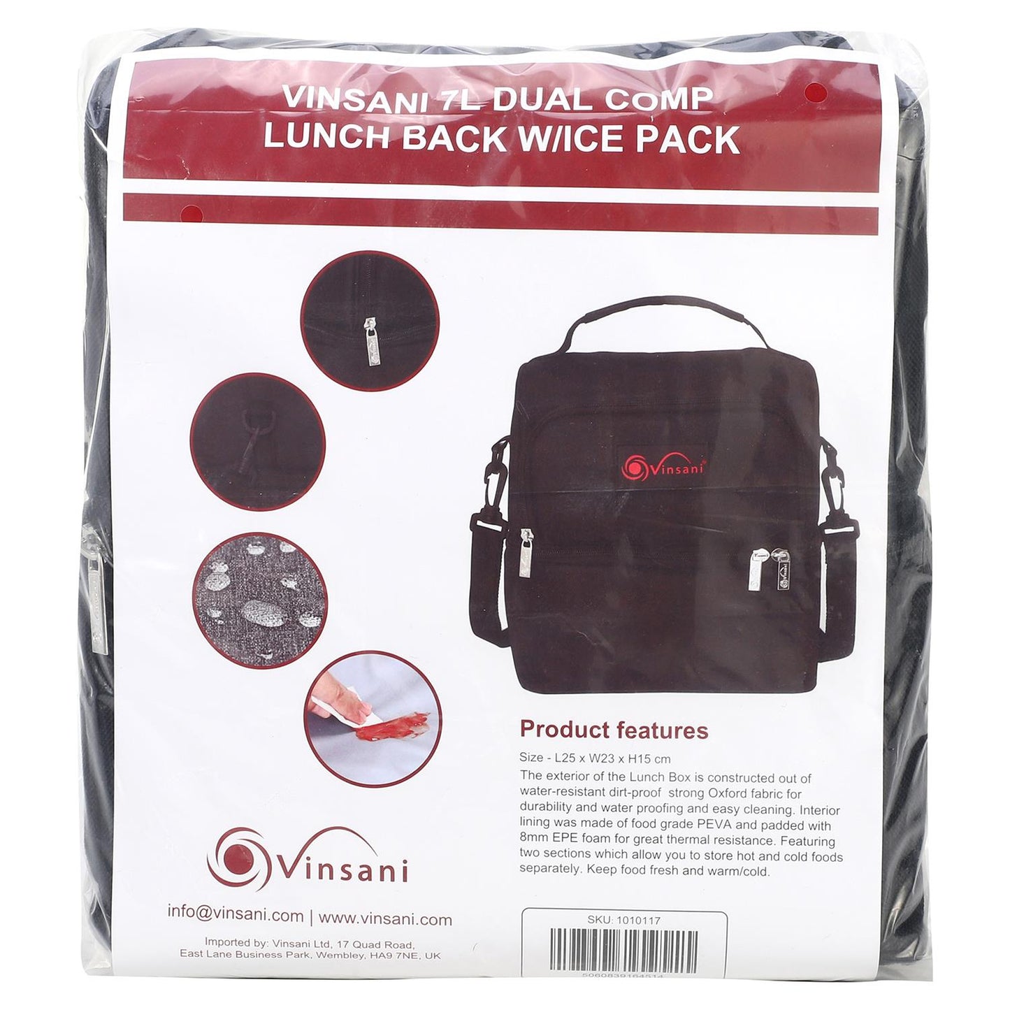 VINSANI 7L DUAL COMP LUNCH BACK W/ICE PACK 1010117