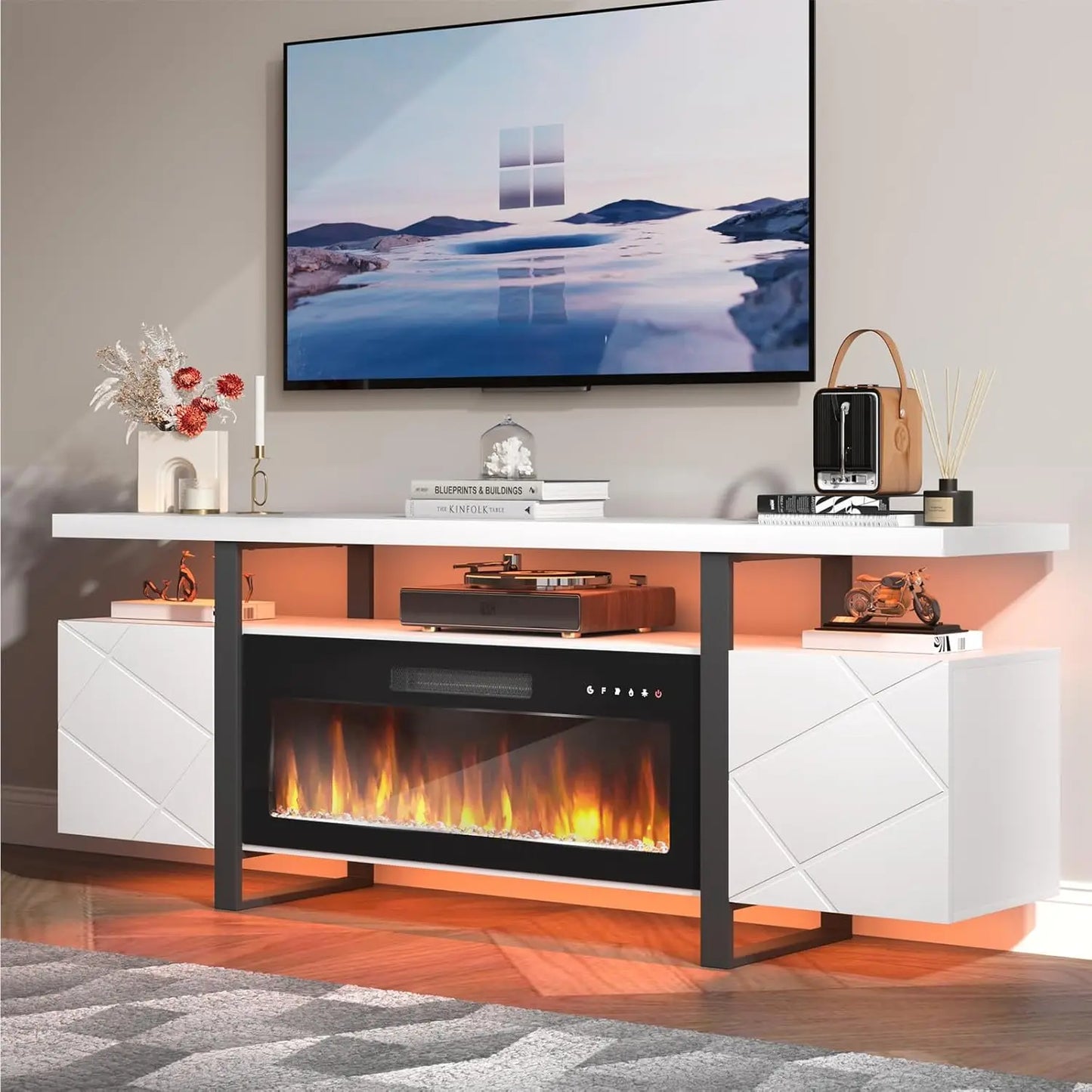 Fireplace TV Stand with 36" Electric Fireplace,LED Light Entertainment Center with Hidden Storage Cabinet,Media, Customized