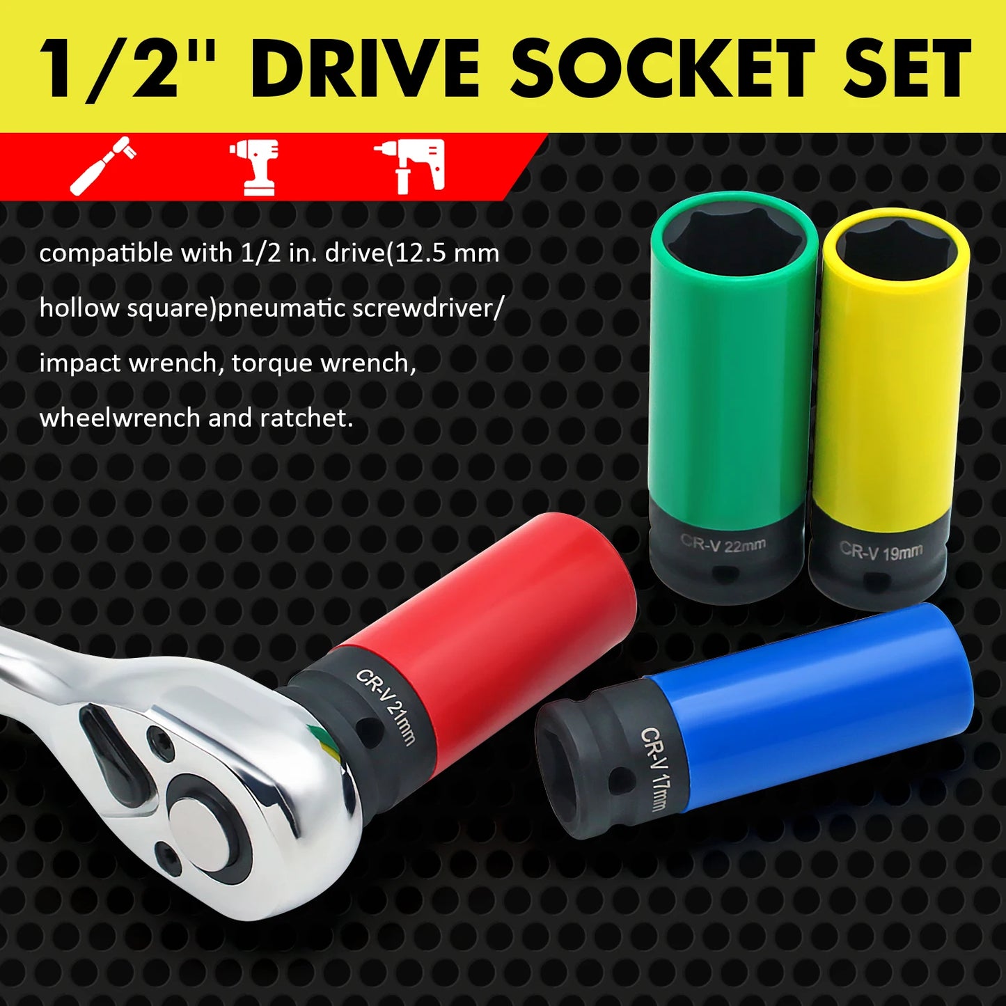 1/2" Drive Lug Nut Socket Set Drive Wheel Socket Auto Repair Protector Impact Sleeve Set 15mm, 17mm, 19mm, 21mm, and 22mm