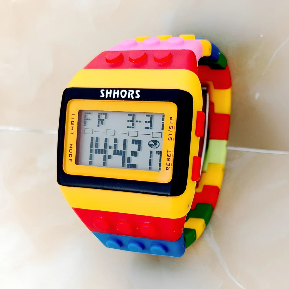 Fashion Students Mens Women Colourful SHHORS Building Blocks Plastic Waterproof Sport Digital Electronic Multifunctional Watches