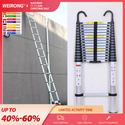 DayPlus Telescopic Ladder 6.2M/20.3FT W/Detachable Hooks&Extendable Steps,Folding Tall Loft CollapsibleLadder with Non-Slip Feet