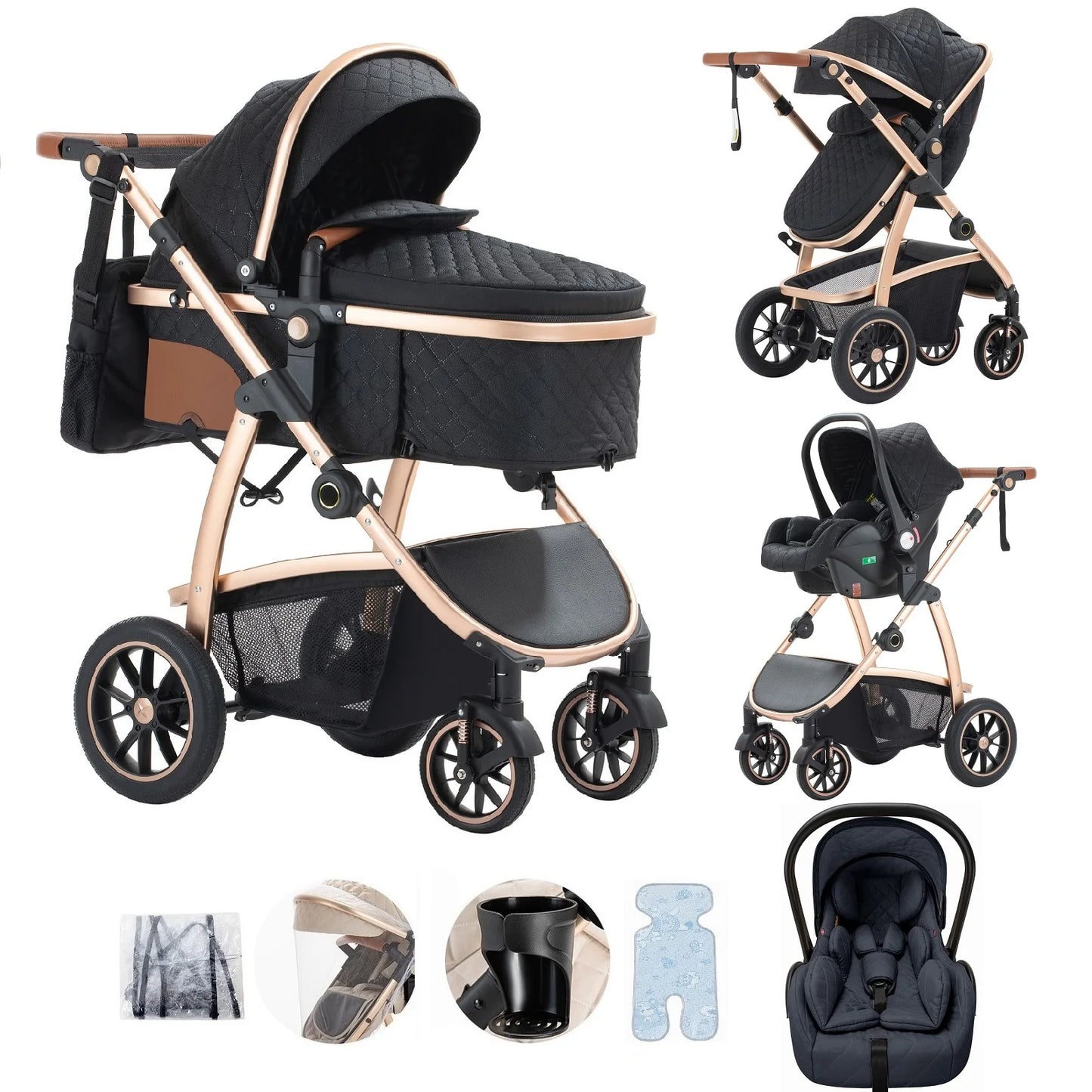 3 in 1 Prams Travel System, Pushchair with Height Adjustable Handle, Travel Pram with Mosquito Net, Baby Stroller with Aluminum