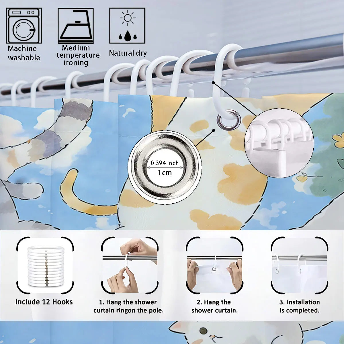 1pc Cute Cartoon Cat Printed Waterproof Shower Curtain Partition Privacy Hanging Curtain with 12 Hooks Multiple Sizes