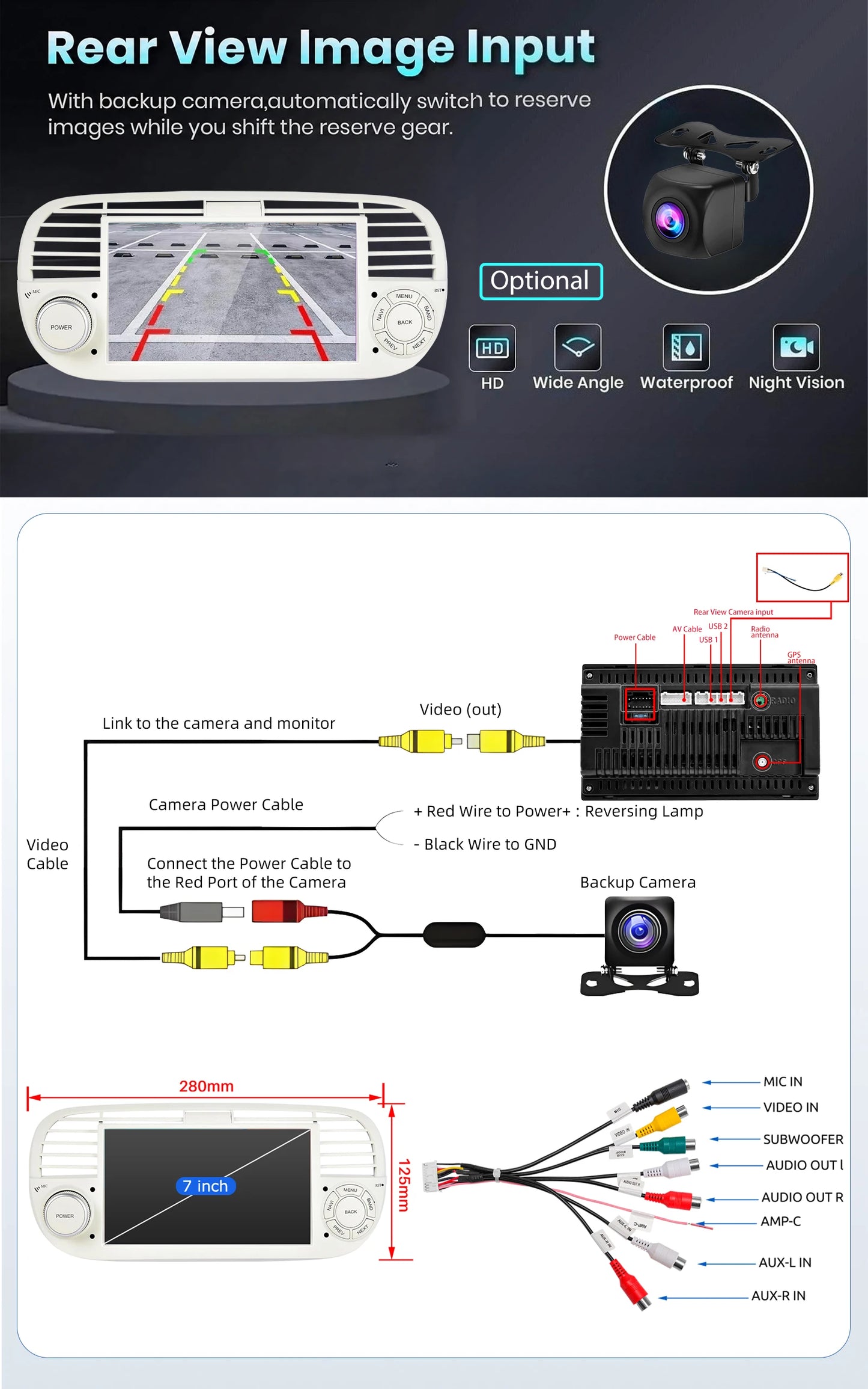 ESSGOO 7" 4+64G Android 15 For Fiat 500 2007-2015 Car Stereo Radio Wireless Carplay Android Auto GPS Navigation Bluetooth FM SWC Wifi RDS ASP IPS Touchscreen Mirror Link Multimedia Video Player