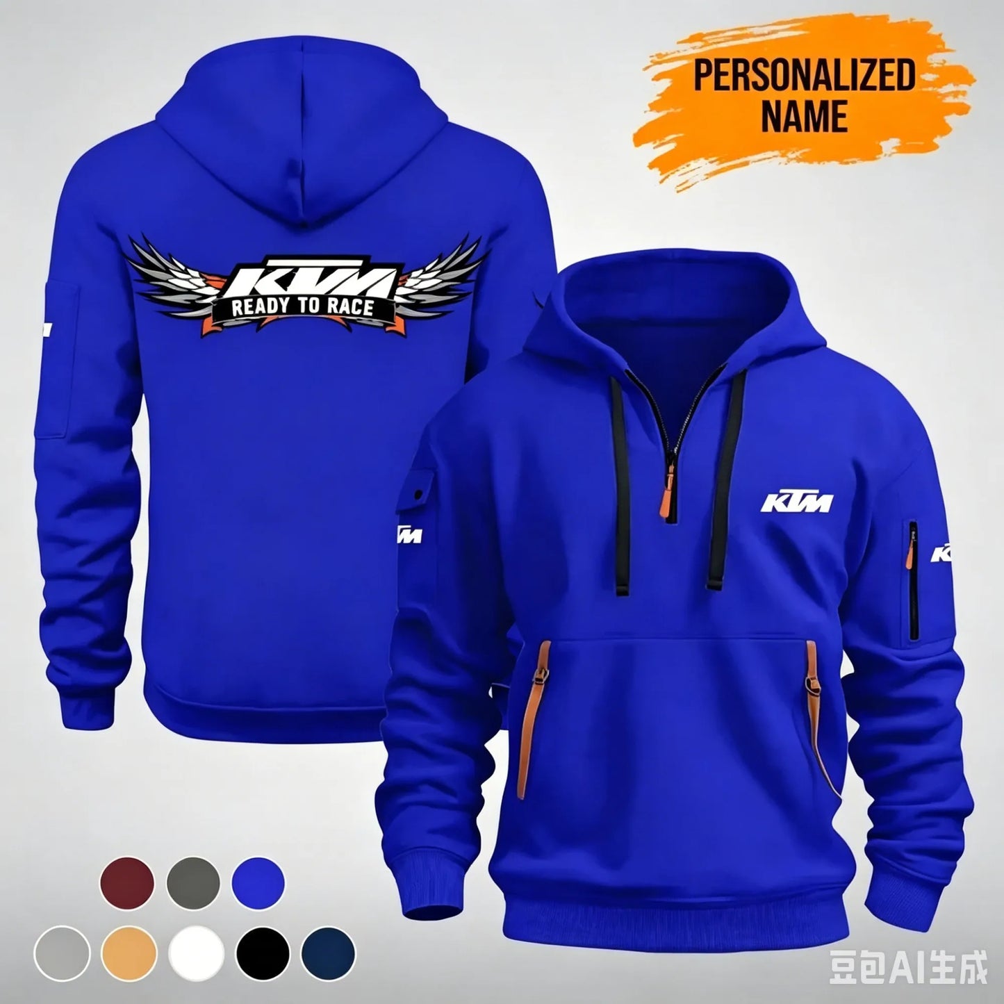 The KTM “Ready to Race” printed half-zip hoodie features workwear pockets and arm pockets, perfect for motorcycle enthusiasts.
