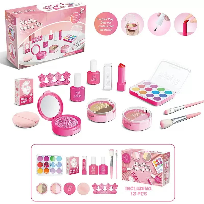 Girl’s pretend home make-up set: faux manicure, lip color, eye shadow, non-washable princess-themed cosmetics and toys.