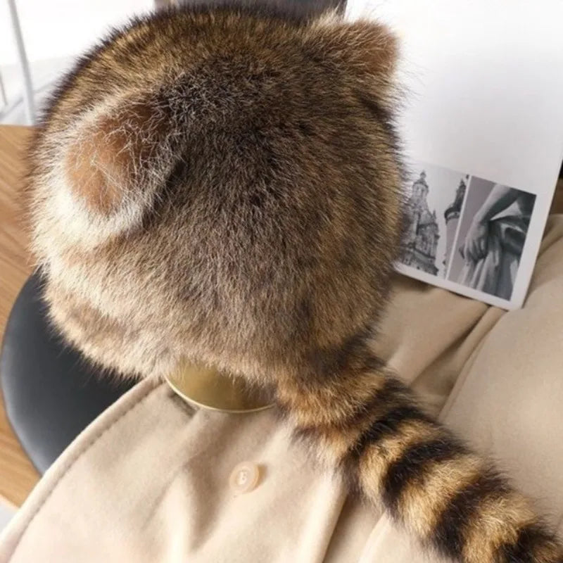 trend Raccoon imitateFur Cap Tail Women imitateNatural Raccoon Fur Caps Ushanka Hats for Winter Thick Warm Ears Fashion