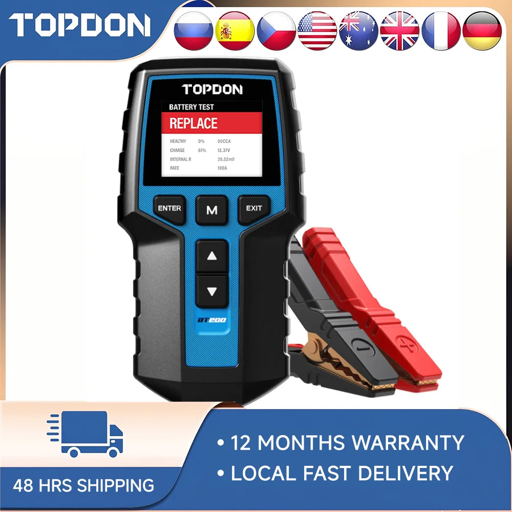 TOPDON BT200 12V Car Battery Tester Digital Automotive Diagnostic Battery Tester Analyzer Vehicle Cranking Charging Scanner Tool