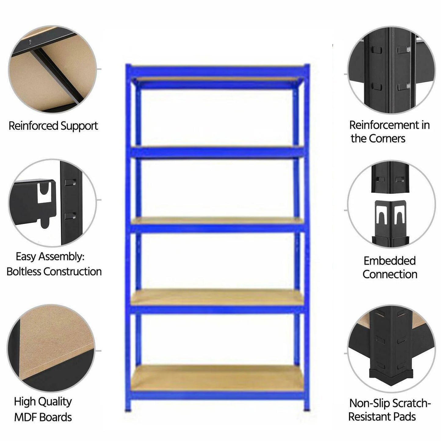 5 Tier Metel Garage Shelf Unit 150x70x30cm, Heavy Duty, Boltless Design, for Warehouse Workshop Office, 875kg Total Capacity
