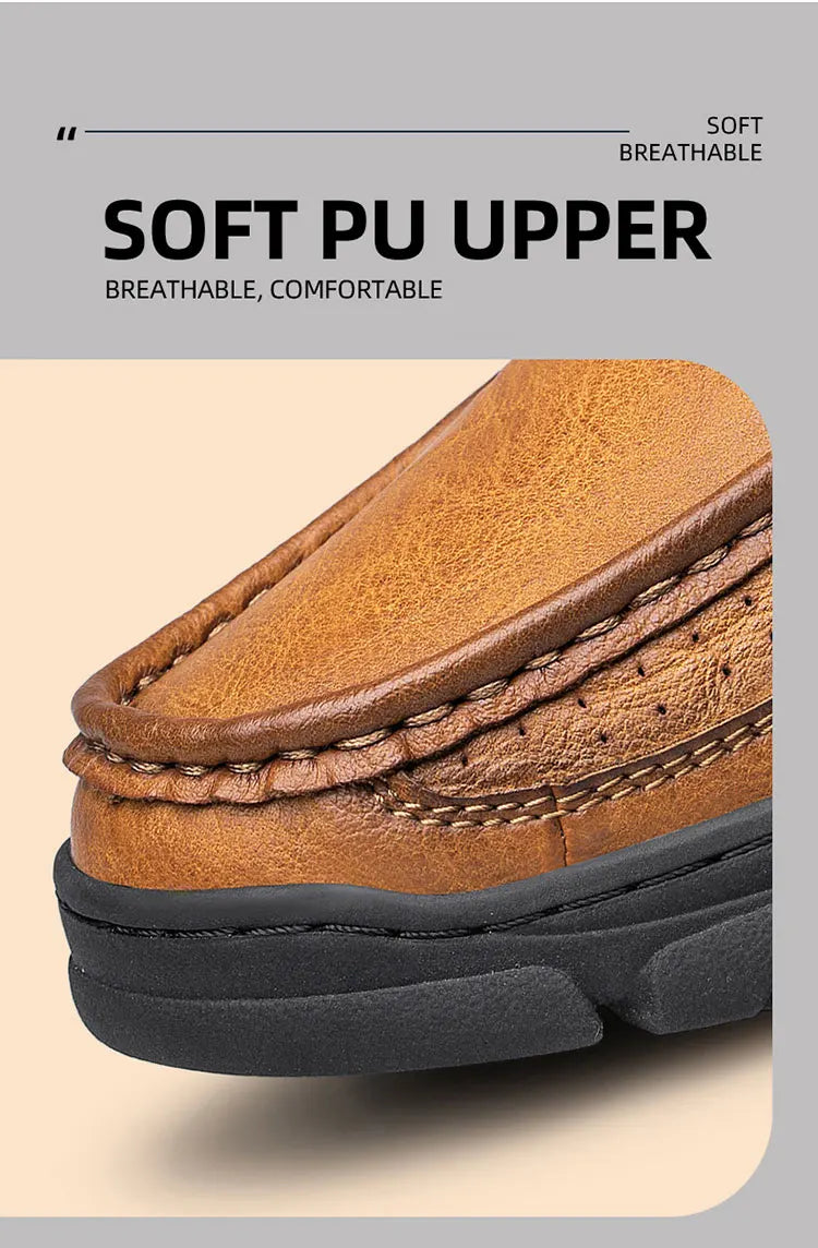 CLOHOOMen's Casual Loafers Handmade Breathable Leather Shoes with Thick Rubber Sole Comfortable Footwear Classic Hand Sewn Seams