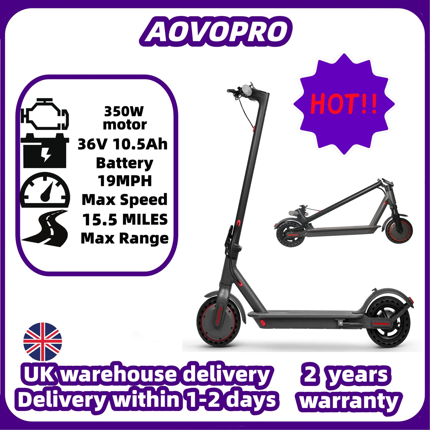 AOVOPRO Adult Electric Scooter 36V 7.8AH Battery 350W Powerful Motor Maximum Speed: 19 mph miles App Control Supported 8.5-inch