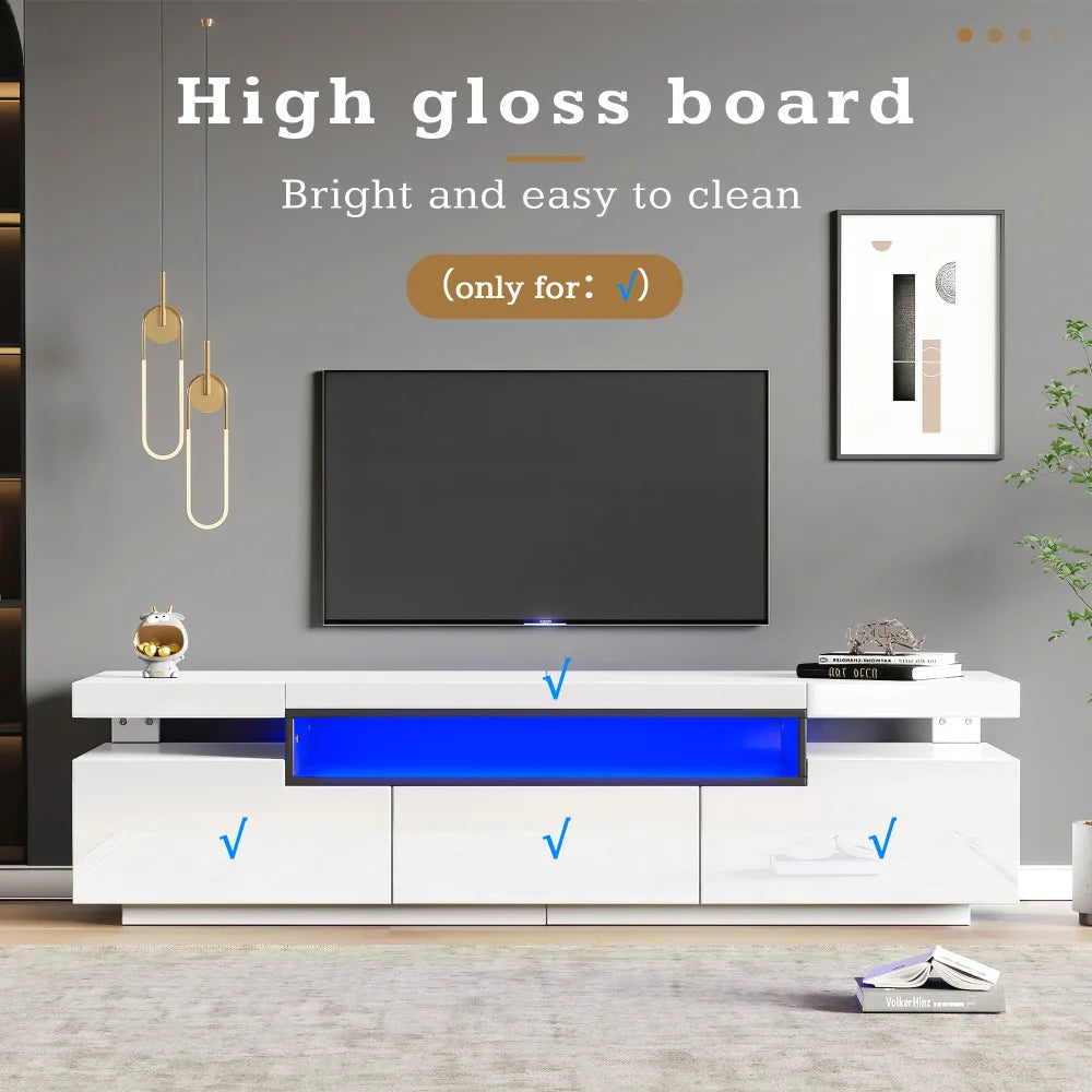 PINGGO TV Stand Cabinet for 70-inch TV High Gloss TV Stand Unit with LED Lights 160CM, 3 Drawers, 3 Open Storage Space