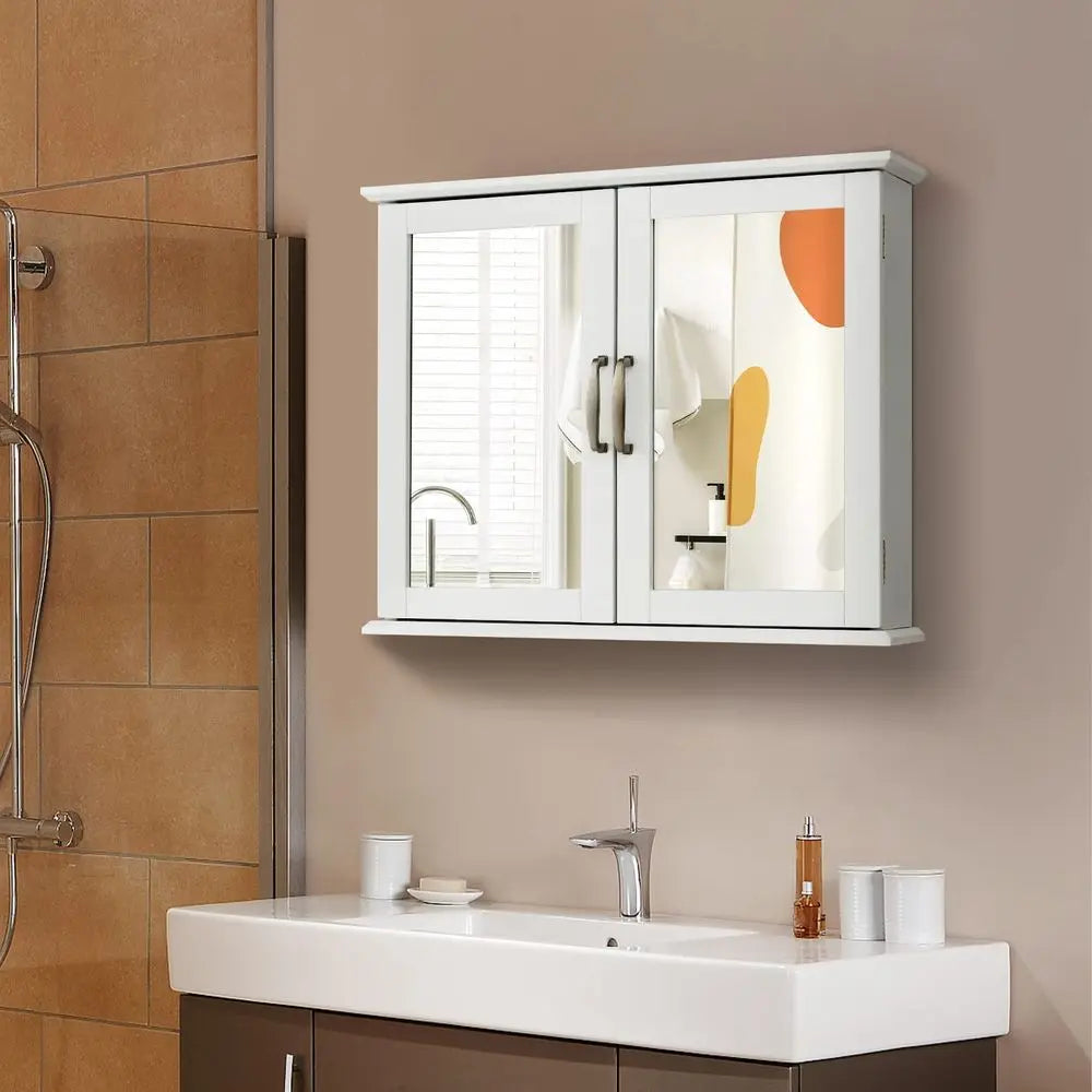 Bathroom Wall Cabinet, Double Door Mirrored Storage Cupboard with Inner Shelf, SpaceSaving Medicine Cabinet Organizer for Kitch