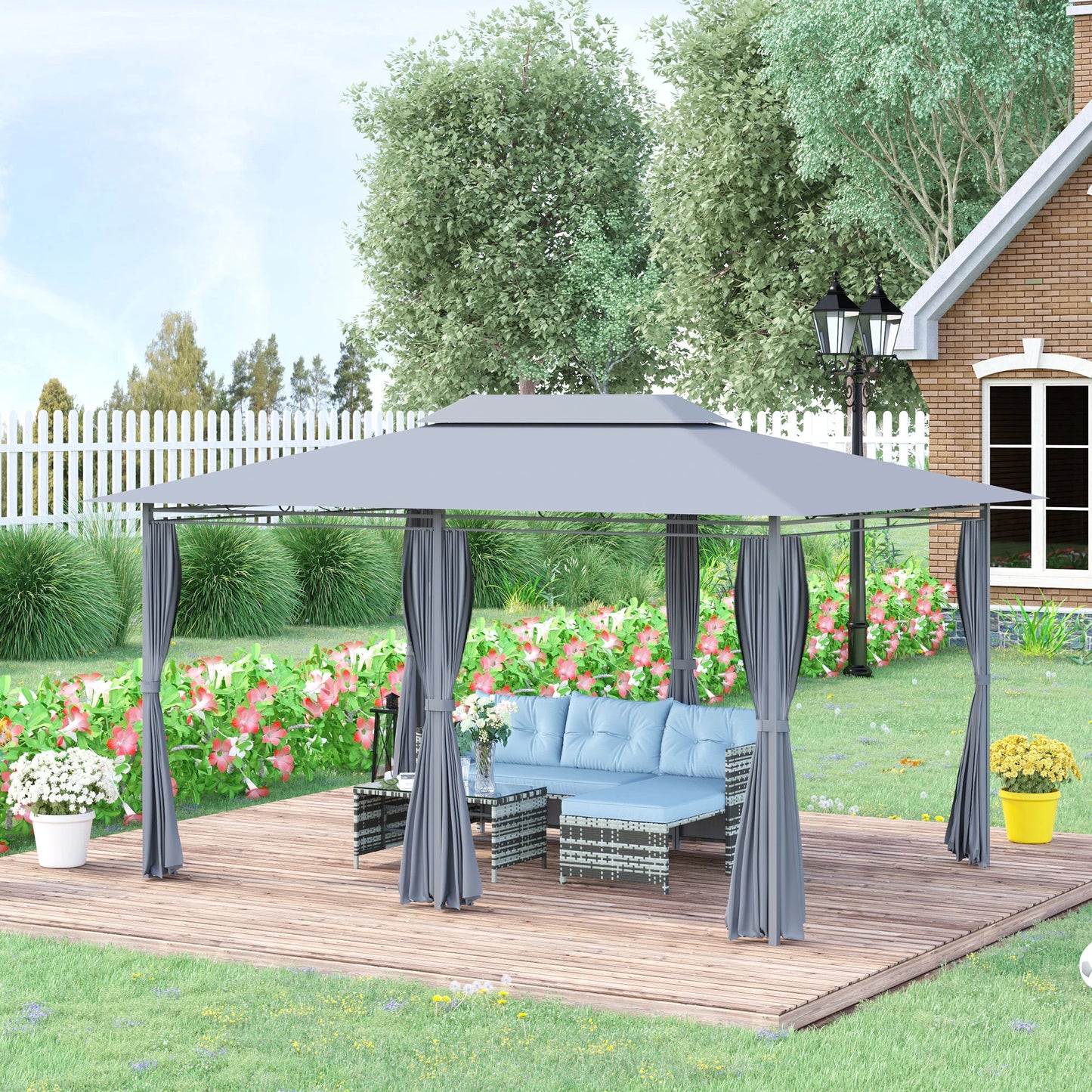 Outsunny 4m x 3(m)Garden Gazebo, Double Roof Outdoor Gazebo Canopy Shelter with Curtains, Solid Steel Frame