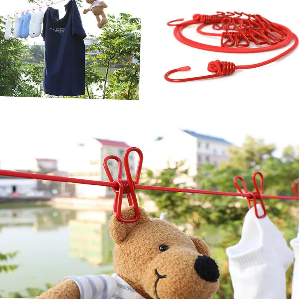 1pc Portable Clothesline With 12 Clips Polychrome Outdoor No Punching Required Travel Camp Retractable Clothes Rope Drying Rack