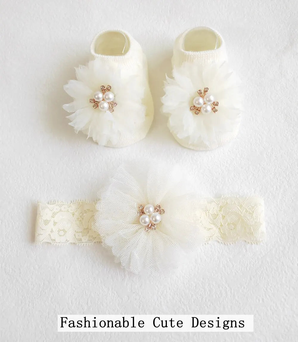 Cute Pearl Bows Baby Headband Socks Set Non Slip Cotton Sock Lace Flower Newborn Hair Band Turban Girl Hair Accessories