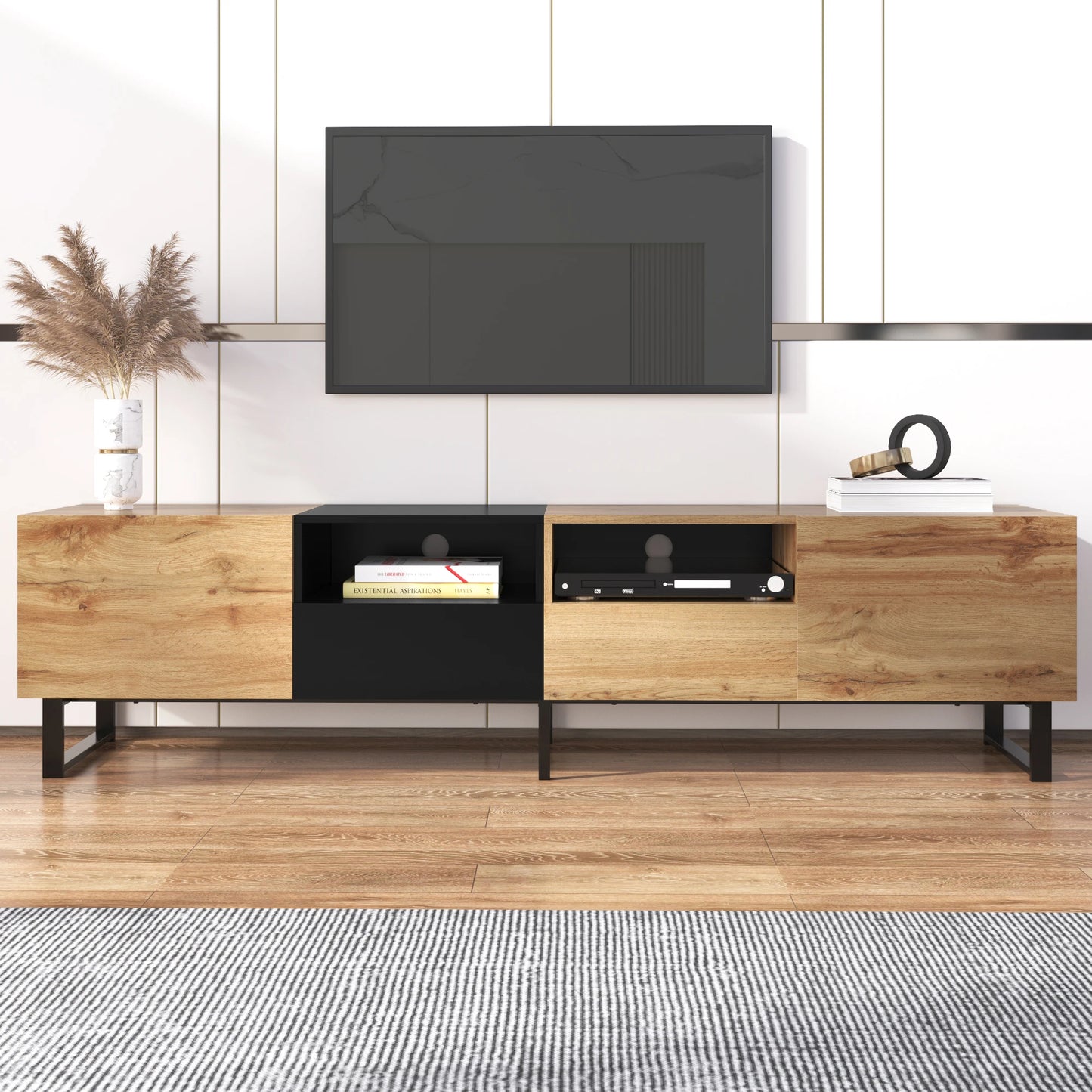 PINGGO Modern Minimalist TV Cabinet Large Capacity Storage Cabinet With Doors And Drawers Wood Grain Design TV Media Console