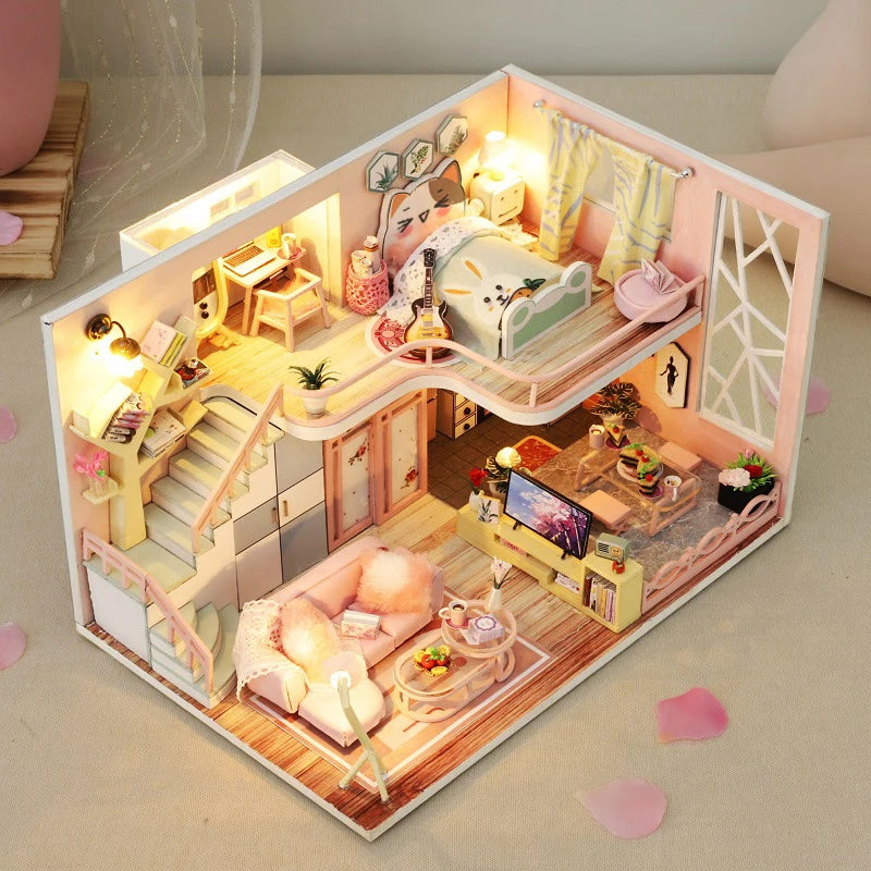 DIY Wooden Doll House Handmade Duplex Apartment Production 3D Puzzle Assembly Building Duplex Apartment Model Toy Children Gifts