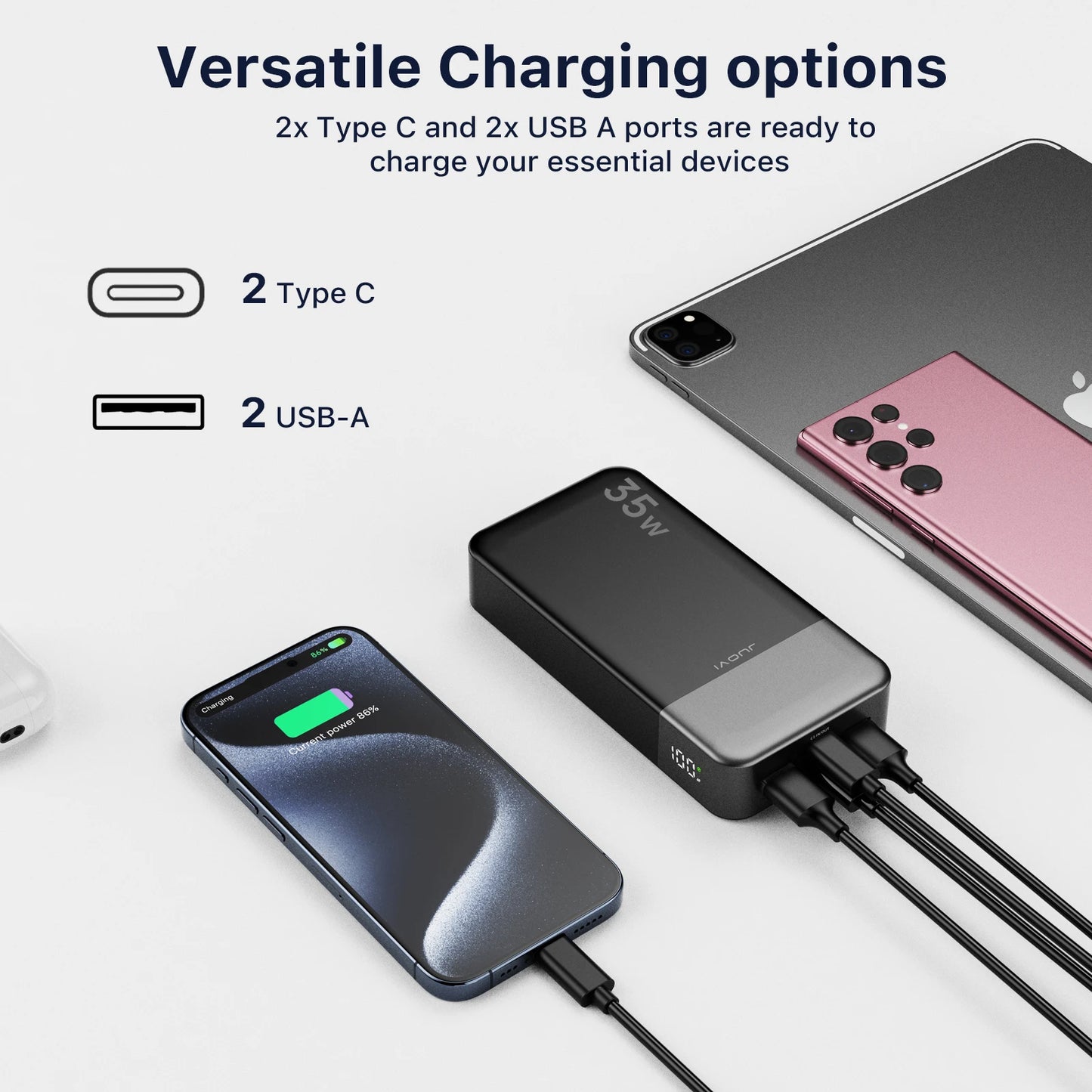 20000mAh Power Bank JUOVI Portable Charger 35W PD 3.0 QC 4.0 Fast Charging Phone Charger With LED Display Travel Battery Pack