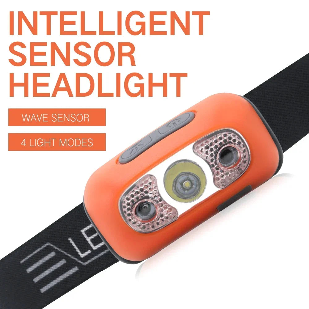 Mini LED Headlamp USB Rechargeable Headlight Wave Sensor Head Flashlight Outdoor Houshold Lamp for Camping Hiking Emergency Fish