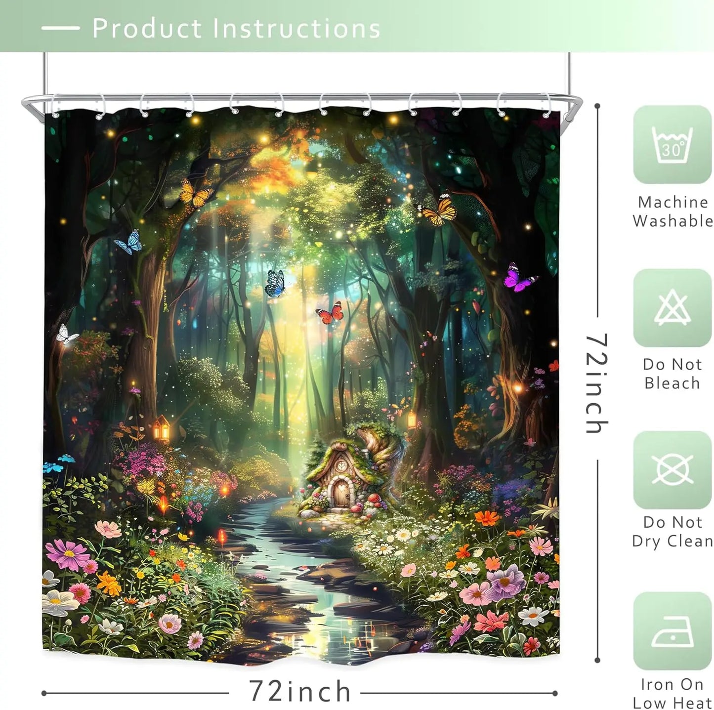Fantasy Shower Curtain Fairy Beautiful Wonderland Woodland Tree Wildflower Floral Garden Butterfly Plant Tale Nature Bathroom