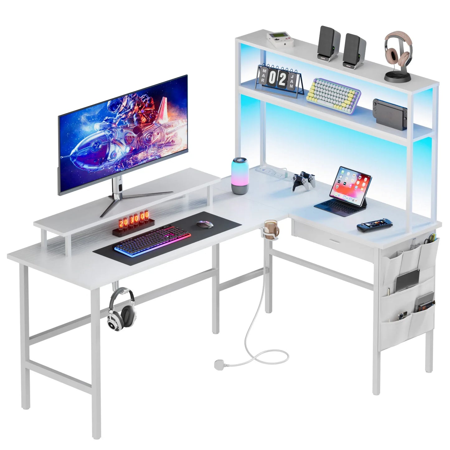Reversible Computer Desk with LED Lights and Drawer, L Shaped Corner Gaming Desk with Storage Shelves & Bag, Desk Shelf for