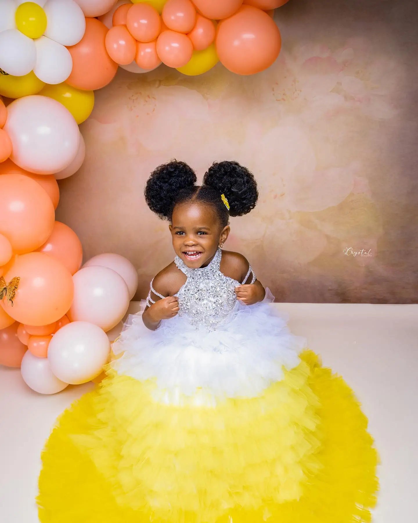 Luxury Girls Birthday Dresses Customized White & Yellow Tiered Tulle Flower Girl Dresses for Wedding Party Baby Girls Prom Gowns