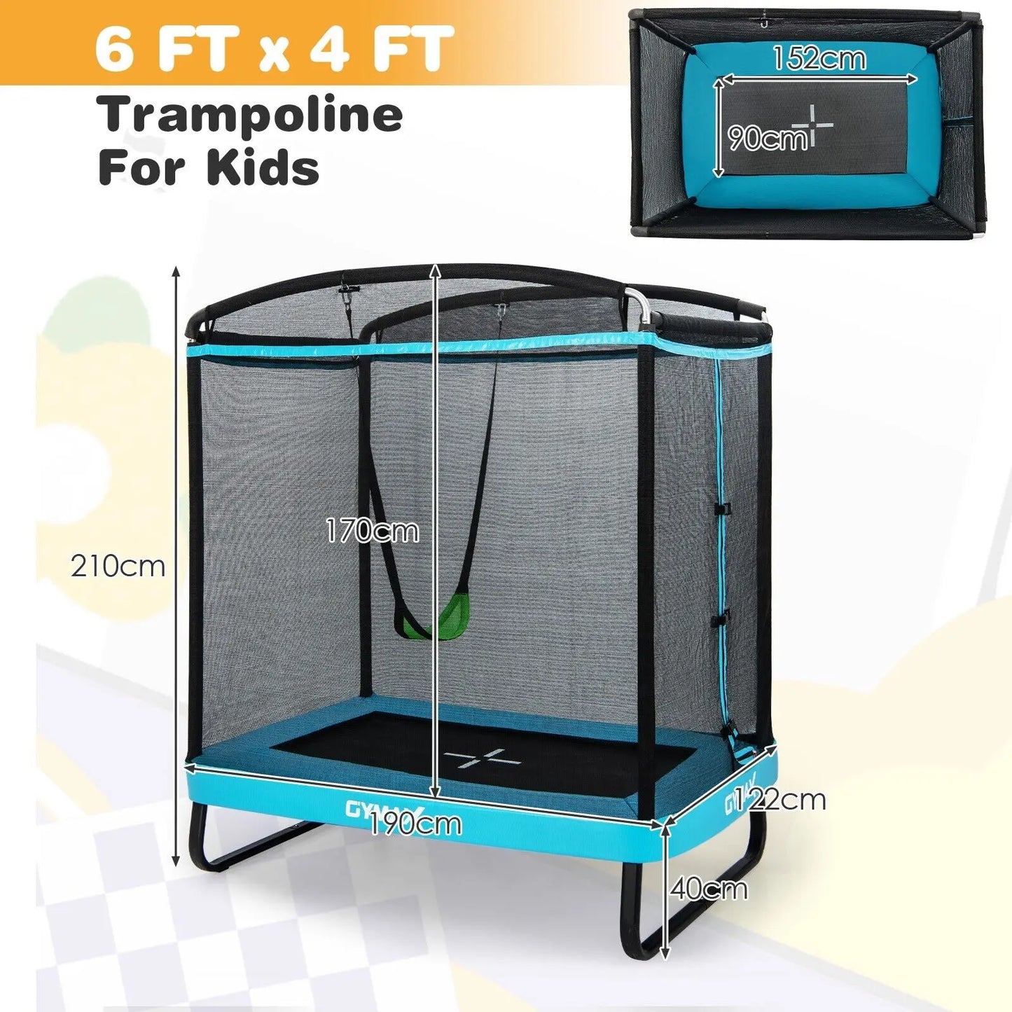 GOFLAME 2-in-1 Kids Trampoline 7FT Toddler Trampoline Swing Enclosure Safe Net-Blue