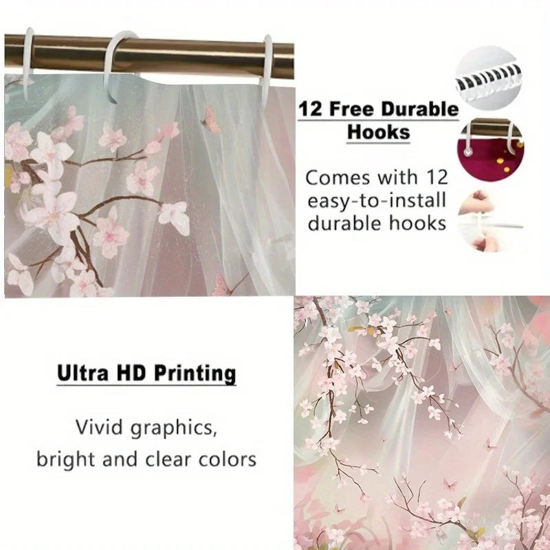 1pc Cherry Blossom and Butterfly Polyester Shower Curtain - Floral Print Bathroom Decor with Hooks, Machine Washable