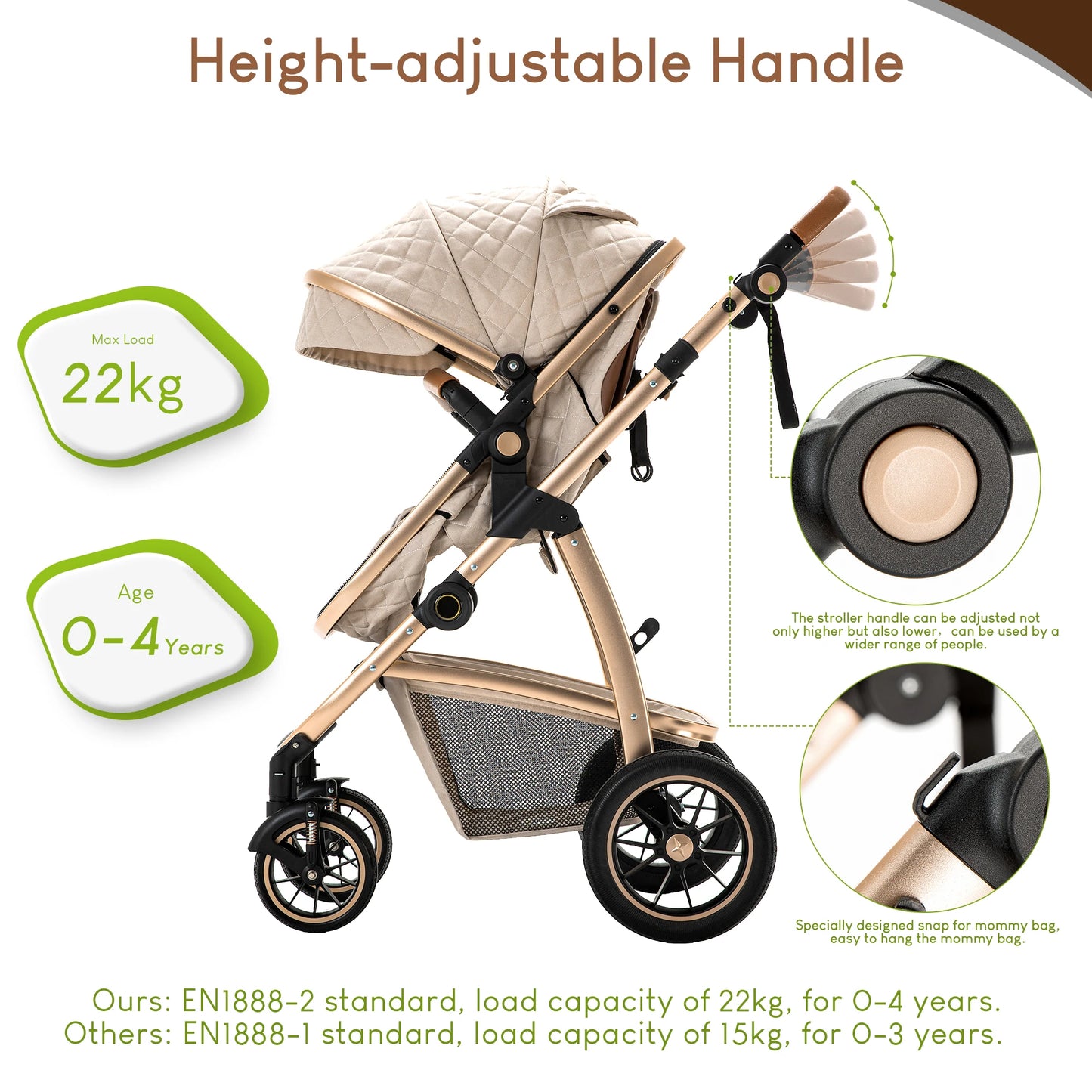 3 in 1 Prams Travel System, Pushchair with Height Adjustable Handle, Travel Pram with Mosquito Net, Baby Stroller with Aluminum