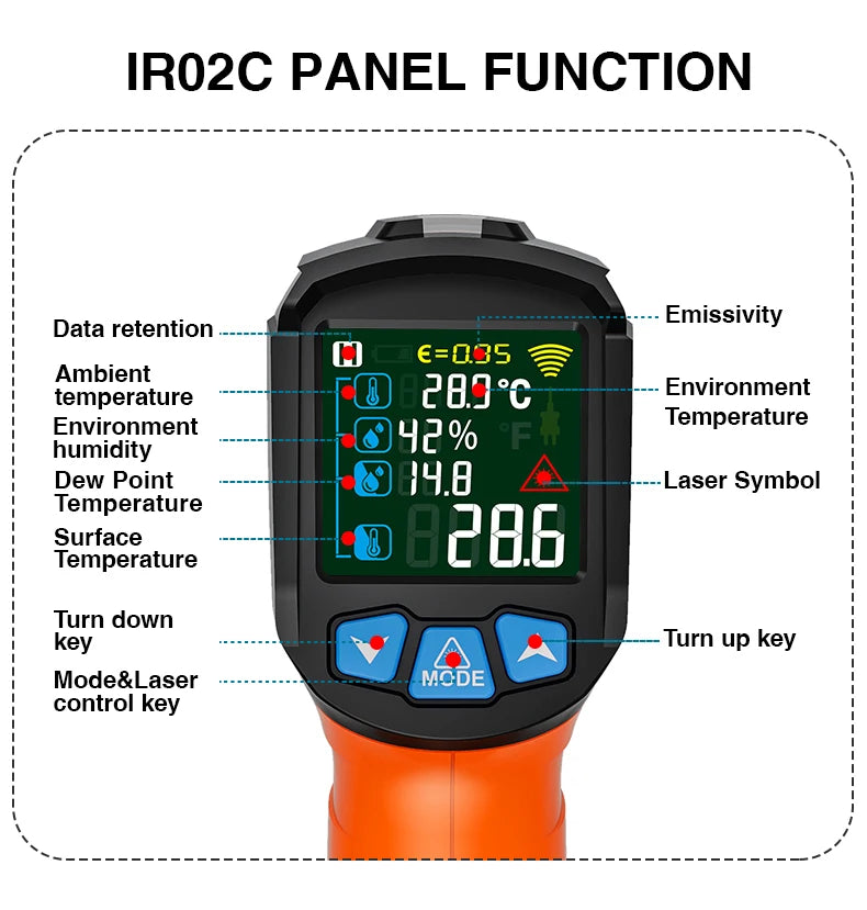 Digital Infrared Thermometer Non-contact Pyrometer Laser Temperature Meter Imager Hygrometer IR Termometro Color LCD Light Alarm
