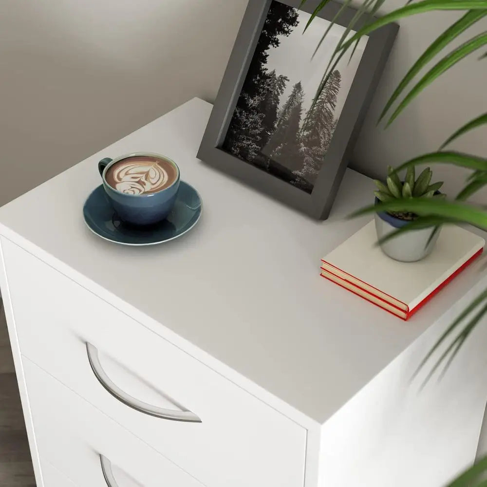 Compact White 3-Drawer Nightstand with Cable Management and Anti-Tip Safety for Bedroom Storage