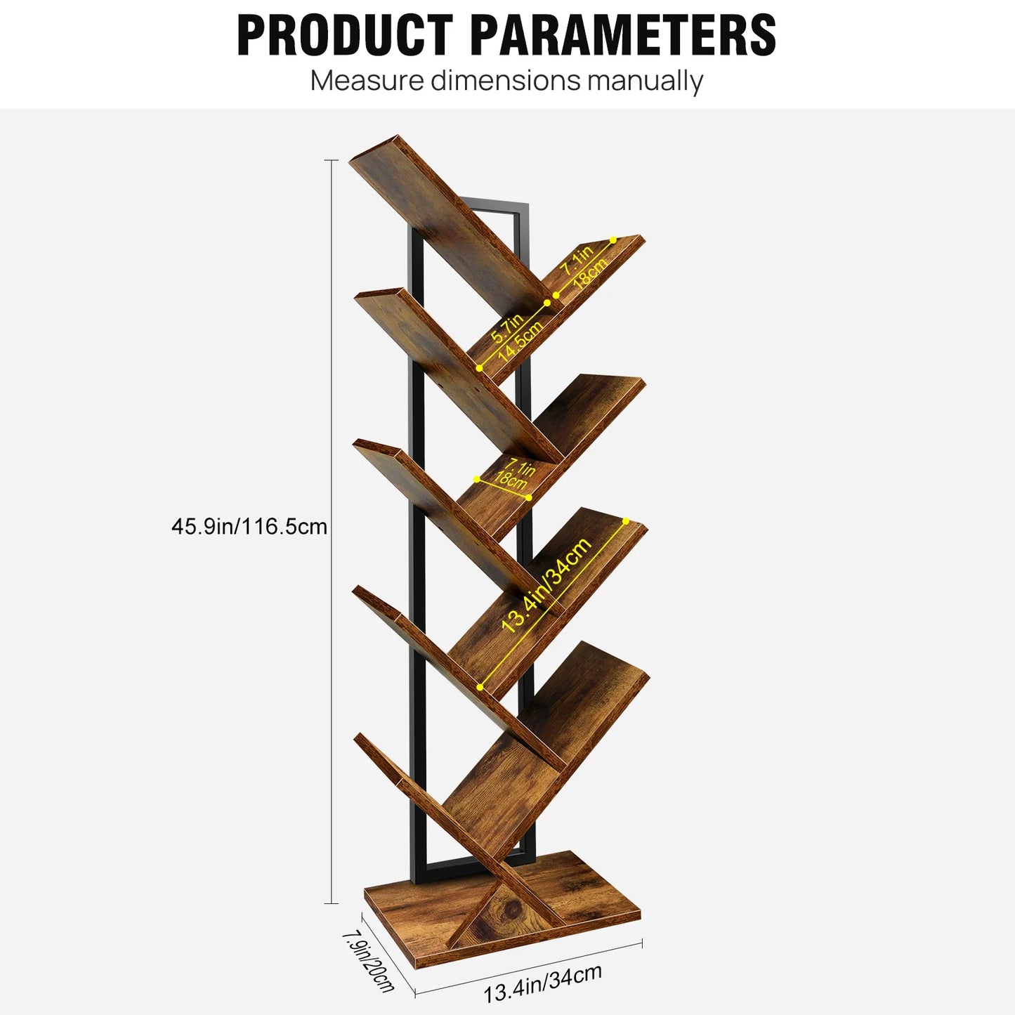 BRIEFNESS 9-Tier Tree Bookshelf,Floor Standing Bookcase,Tree Shaped Book Shelves,Display Storage Shelving Units Storage Rack